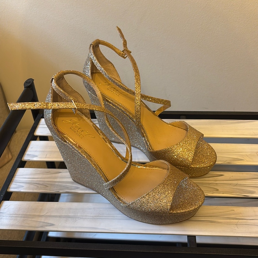 Badgley Mischka Jewel Cross Ankle Glittery Wedge Heels